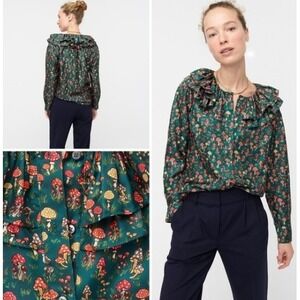J.Crew Collection Green Mushroom Print 100% Silk Ruffle Collar Blouse AU261 M